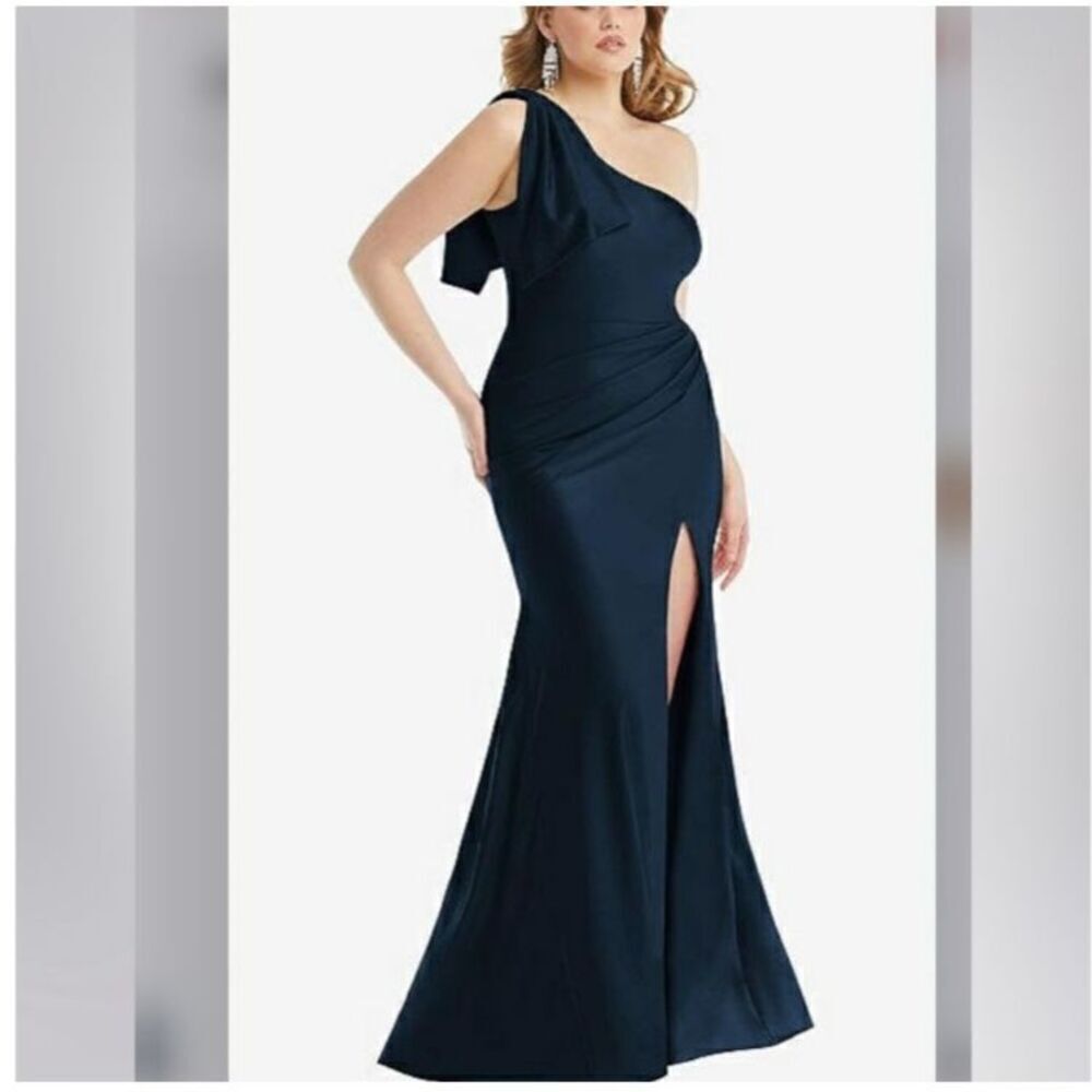 CYNTHIA & SAHAR Cascade Bow Dress Satin Mermaid Gown Navy Blue Size XXL